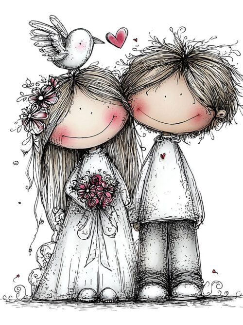 Whimsical Angel Couple Clipart Set, Hand-Drawn Cute Angels PNG, Romantic Illustration with Birds and Hearts, Sweet Love Art