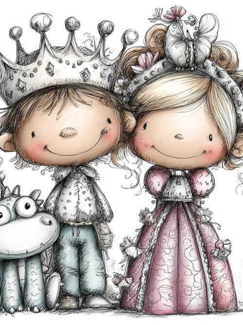 Whimsical Prince and Princess Clipart Set, Cute Royal Couple with Dragon, Hand-Drawn Fairytale PNG, Storybook Fantasy Art