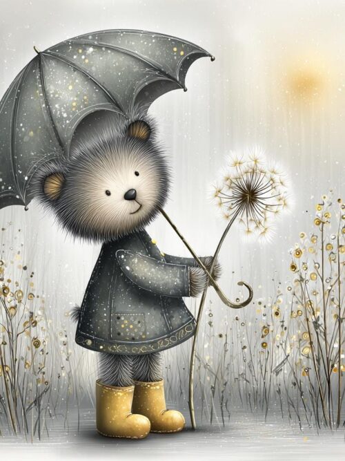 Whimsical Umbrella Clipart Set, Rainy Day Bear and Cat Art, Sunflower Character Illustrations, Dreamy Weather PNG, Cozy Fantasy Scene