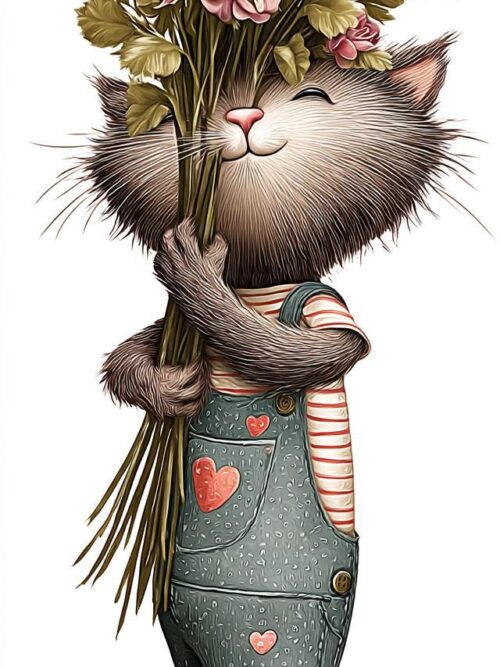 Kitty Bouquet, Whimsical Cat with Roses, Long-Legged Cat PNG, Cute Floral Valentine Cat Art
