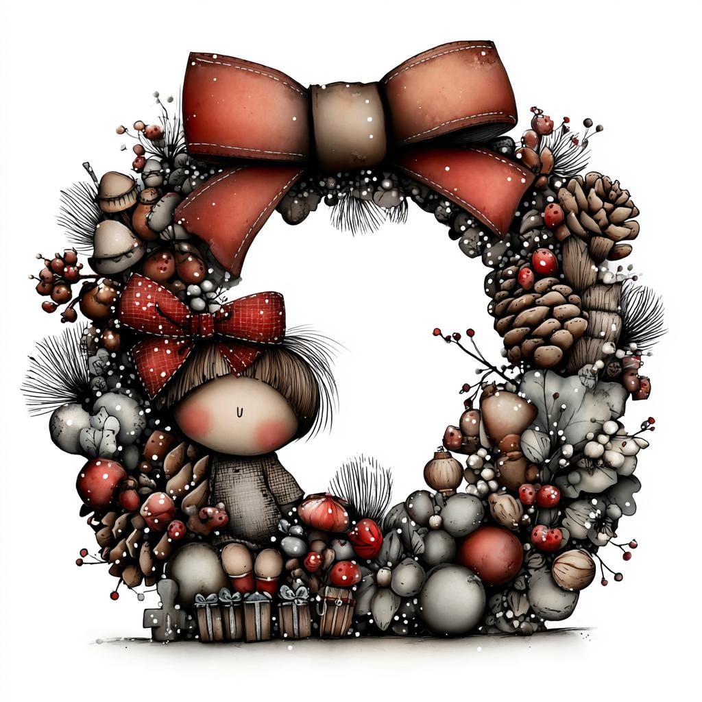 Woodland Christmas Wreath Clipart, Rustic Pinecone and Bow PNG, Hand-Drawn Holiday Wreaths with Mushrooms and Berries - Image 5