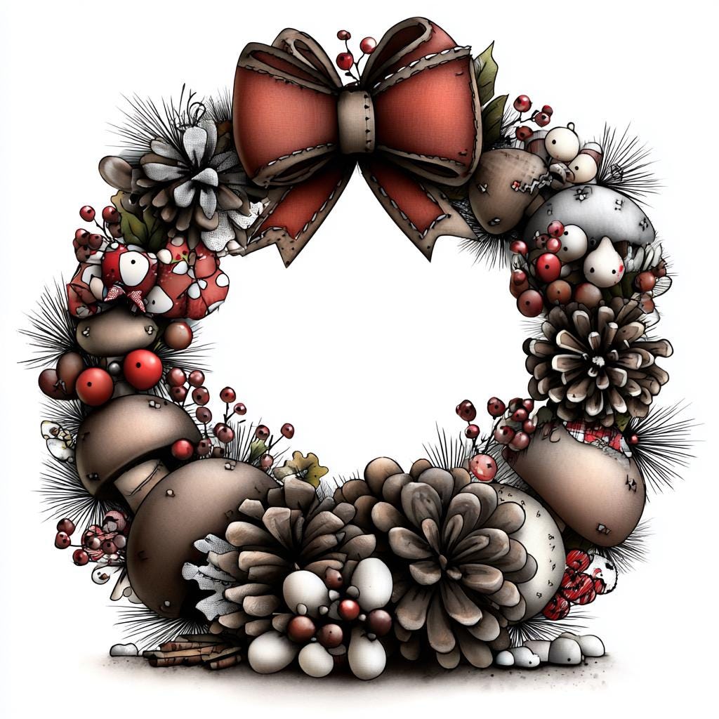 Woodland Christmas Wreath Clipart, Rustic Pinecone and Bow PNG, Hand-Drawn Holiday Wreaths with Mushrooms and Berries - Image 2