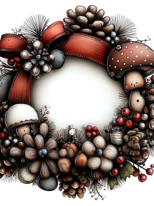 Woodland Christmas Wreath Clipart, Rustic Pinecone and Bow PNG, Hand-Drawn Holiday Wreaths with Mushrooms and Berries
