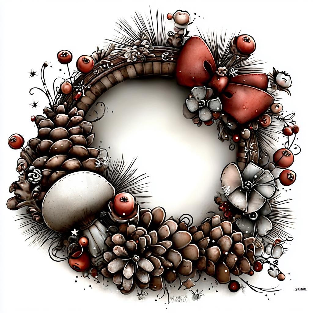 Woodland Christmas Wreath Clipart, Rustic Pinecone and Bow PNG, Hand-Drawn Holiday Wreaths with Mushrooms and Berries - Image 6