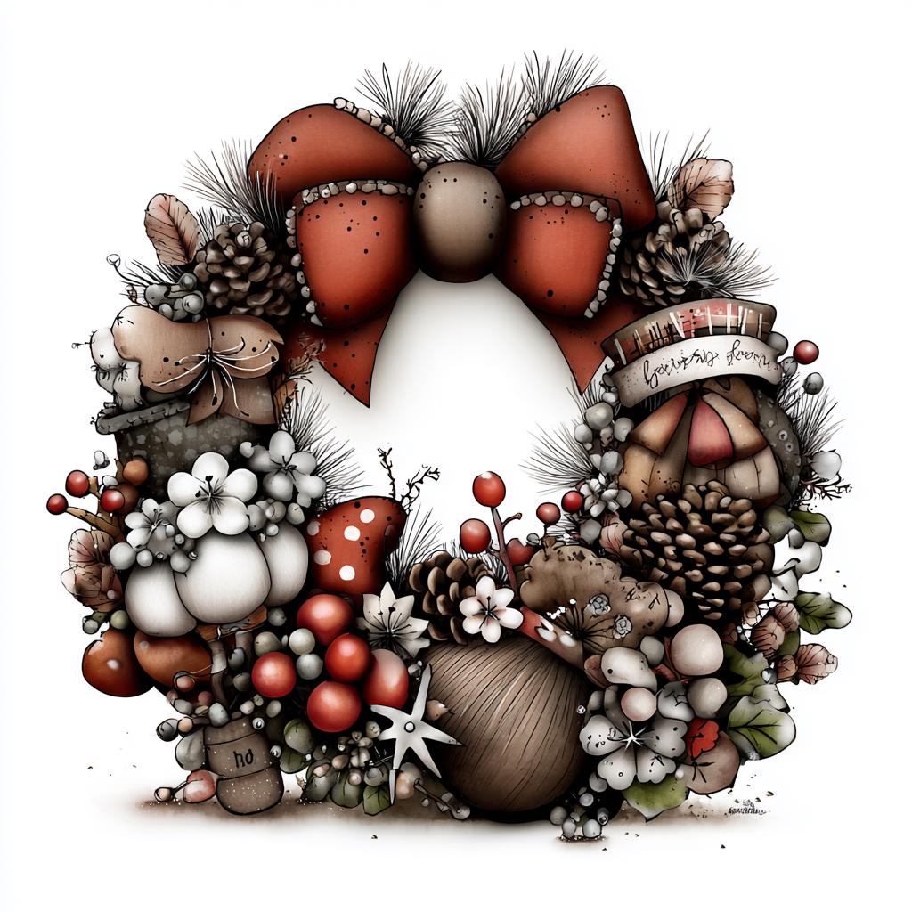 Woodland Christmas Wreath Clipart, Rustic Pinecone and Bow PNG, Hand-Drawn Holiday Wreaths with Mushrooms and Berries - Image 10