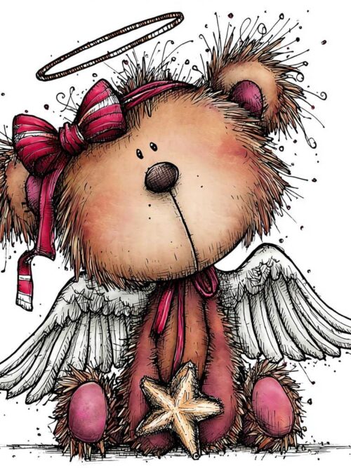 Angel Bear Clipart, Christmas Teddy PNG, Hand-Drawn Cute Bear with Wings and Halo, Whimsical Holiday Character Art