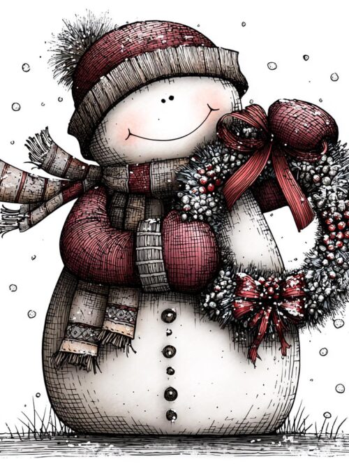 Whimsical Snowman Clipart, Cozy Christmas Snowmen With Wreaths, Winter Holiday PNG Set