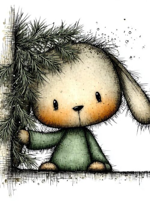 Christmas Bunny Garland Clipart, Cozy Winter Bunny PNG Set, Hand-Drawn Holiday Greenery Illustrations