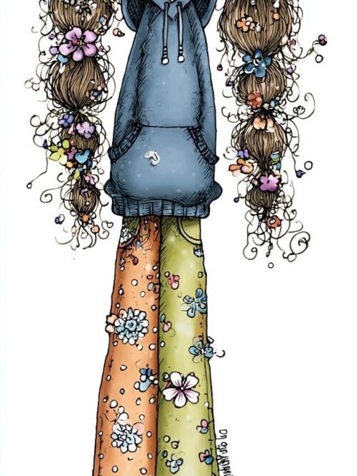 Hoodie Flower Girl, Whimsical Doodle Art, Curly Hair Girl PNG Set, Floral Pants, Cute Dog Companion, Playful Spring Illustration