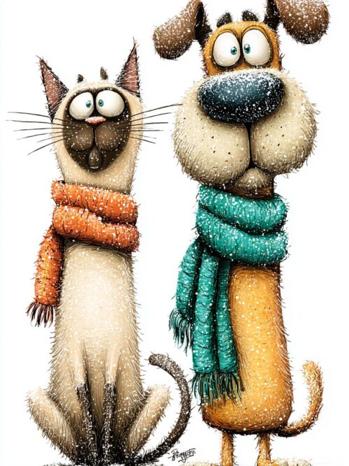 Whimsical Winter Cat And Dog CLIPART, Scarf Wearing Pets Illustration, Storybook Style Holiday Animal Art