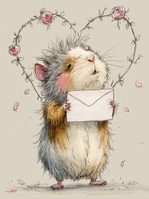 Guinea Pig Love Letter CLIPART, Whimsical Valentine Animal Art, Soft Watercolor Style, Floral Heart Motif, Romantic Character Design