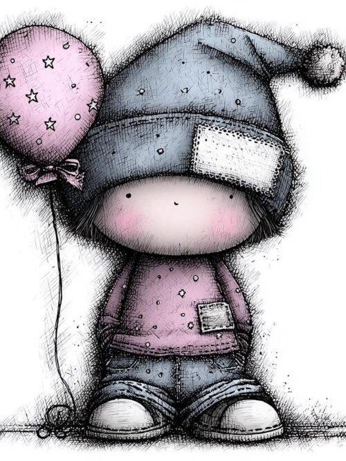 Birthday Baby CLIPART, Whimsical Sketch Child Illustration, Pink Star Balloon And Blue Hat Art