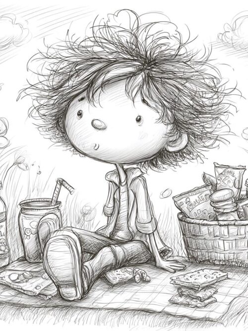 Picnic Sketch Boy Collection CLIPART, Whimsical Pencil Drawing Child With Snacks And Basket