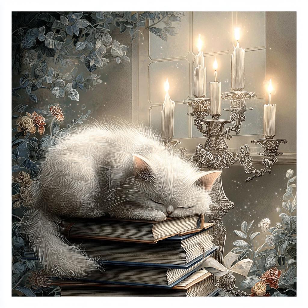 Sleeping Cat CLIPART, Summer Cat On Books, Candlelight Scene, Floral Window View, Soft Neutral Vintage Illustration Set - Image 9