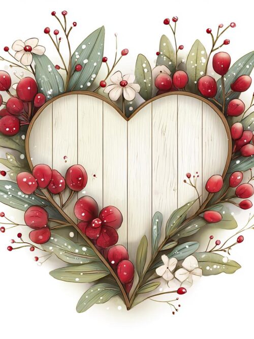 Rustic Christmas Heart CLIPART, Wooden Heart Berry Frames, Festive Wreath Hearts, Hanging Ornament Hearts, Winter Rustic Decor