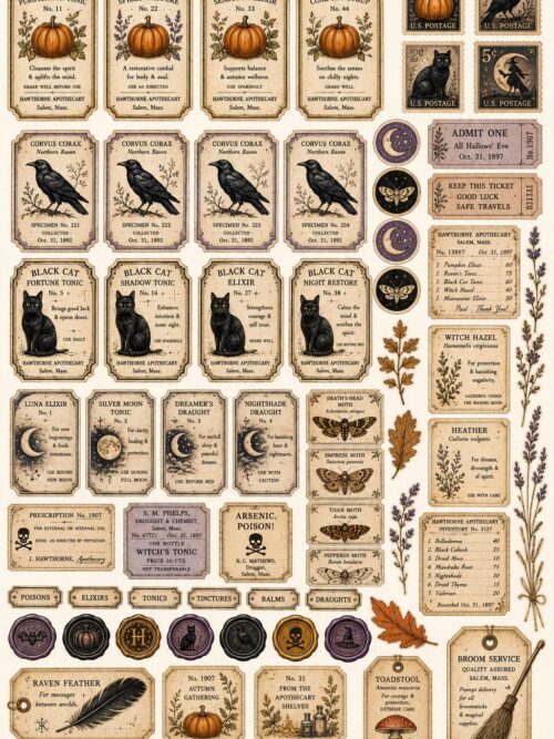 Halloween Apothecary CLIPART, Victorian Halloween Ephemera, Pumpkin Labels, Raven Specimens, Black Cat Tags, Junk Journal Kit
