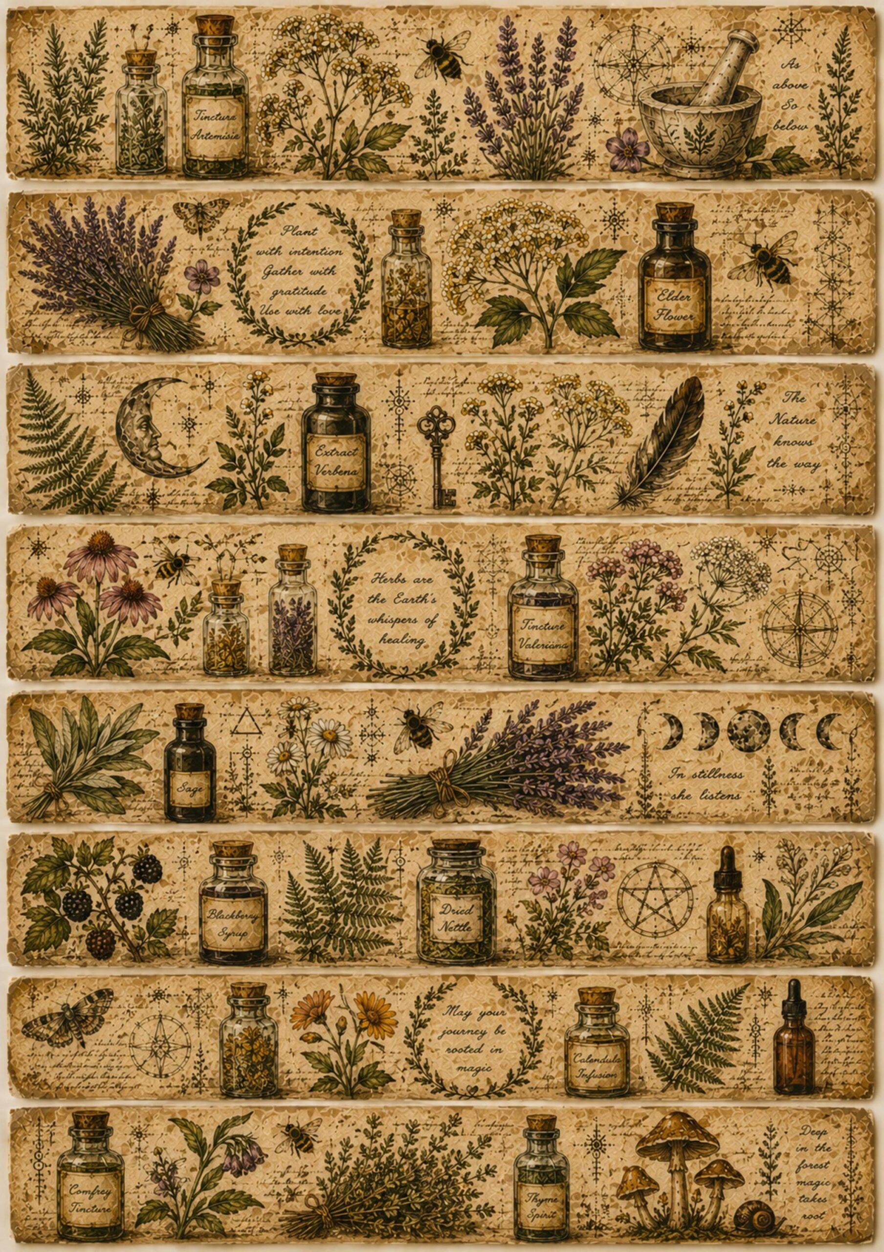 Hedge Witch Washi Tape CLIPART, Botanical Journal Strips, Herbal Apothecary Borders, Grimoire Ephemera, Witchcraft Scrapbook - Image 4