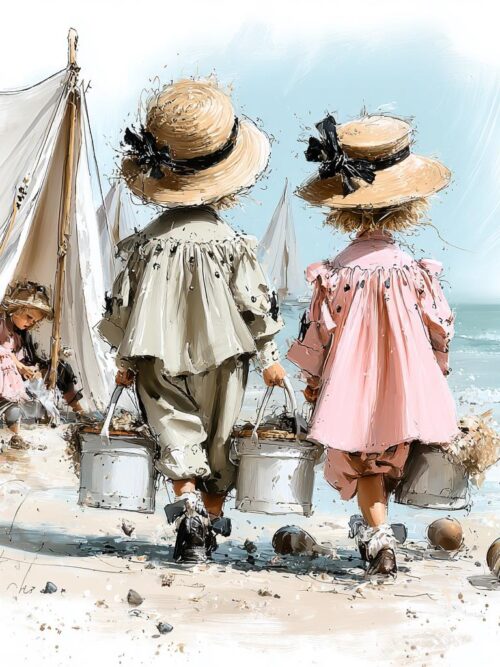 Edwardian Seaside CLIPART, Vintage Beach Children, Coastal Summer Art, Seaside Friends, Beach Tent Illustration, Coastal Nostalgia