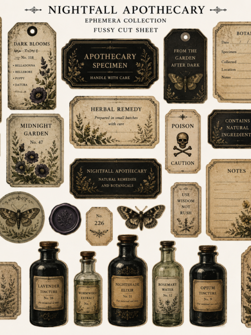 Dark Apothecary Labels CLIPART, Nightfall Ephemera Sheet, Gothic Botanical Tags, Vintage Potion Labels, Journal Fussy Cut Set
