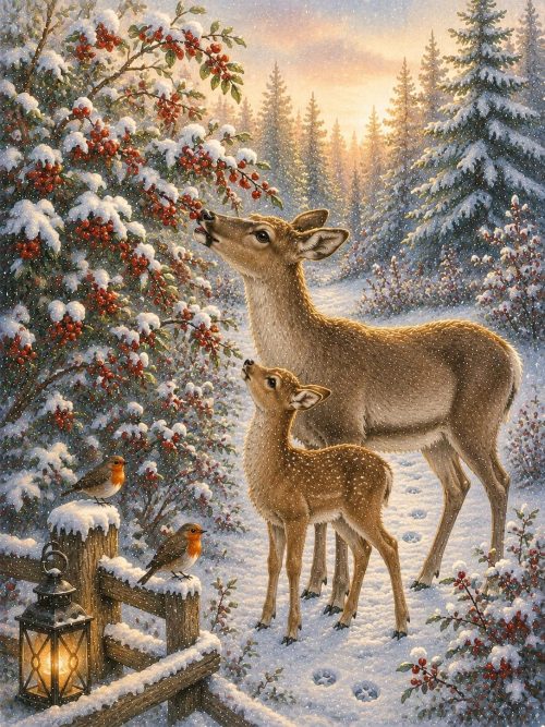 Reindeer Crossing Winter Woodland Clipart Collection, Storybook Reindeer Family, Snowy Christmas Forest Scenes, Watercolor Art