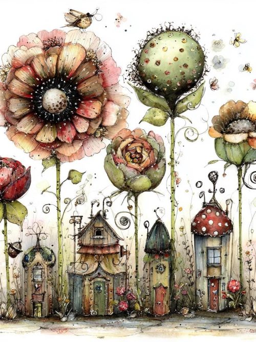 Whimsical Flower Folk Clipart, Fantasy Botanical Characters, Fairy Cottage Houses, Storybook PNG Bundle, Junk Journal Printable