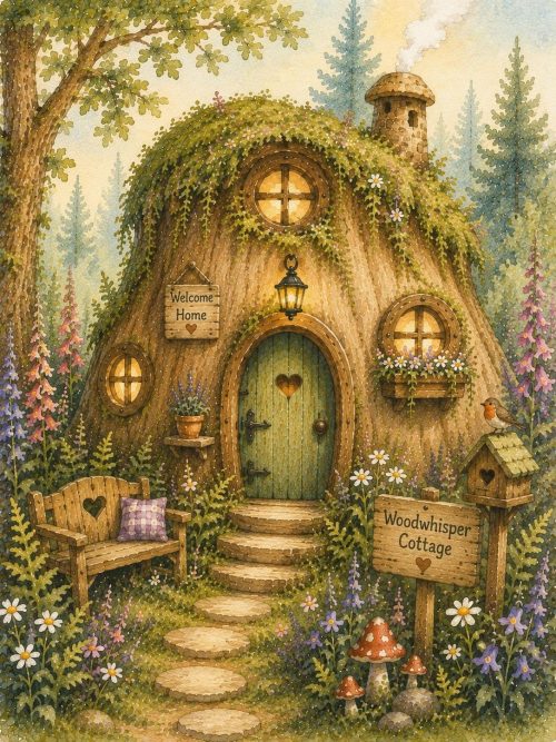 Fernwood Forest Homes Watercolour Clipart | Whimsical Woodland Acorn Houses & Toadstool Cottages | Storybook Forest Village Collection