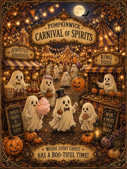 Haunted Carnival Wall Art Set, Vintage Halloween Prints, Whimsical Ghost Carnival, Victorian Autumn Decor, Storybook Halloween Art