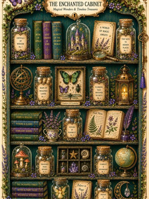 Enchanted Cabinet Printable Wall Art, Fantasy Curiosity Cabinet, Dark Academia Decor, Storybook Library Print, Magical Apothecary