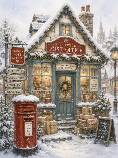 Frostwick Post Office Watercolour Print Set of 5 | Cosy Winter Village | Snowman Postmaster | Storybook Christmas Wall Art | Printable Decor