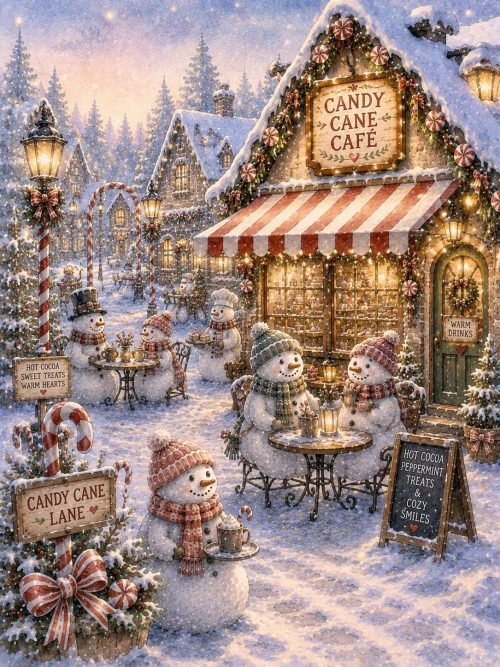 Frostwick Candy Cane Lane | Snowman Winter Village | Printable Wall Art | Cozy Christmas Decor | Storybook Watercolor Set