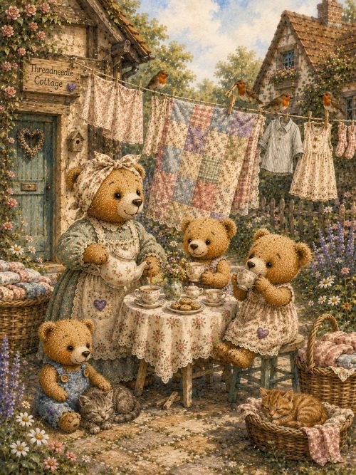 Threadneedle Cottage Laundry Day Clipart, Teddy Bear Storybook Art, Cottagecore Watercolour PNG, Whimsical Bear Village