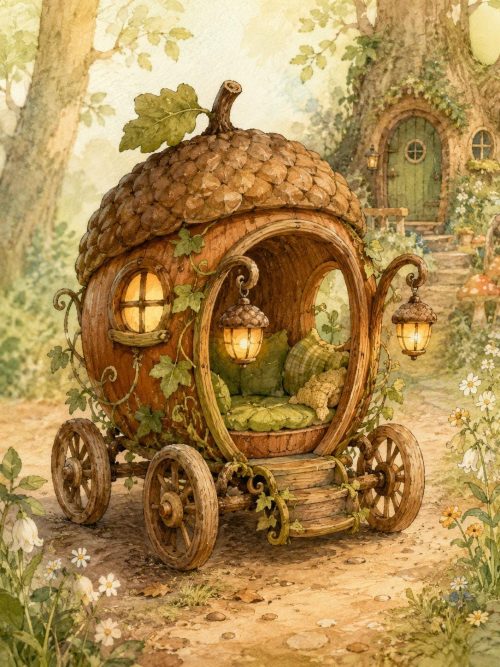 Fernwood Woodland Transport Watercolour Clipart Bundle | Storybook Forest Vehicles | Acorn Carriage Toadstool Tram Leaf Boat Forest Caravan