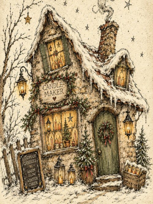 Crooked Christmas Cottages Printable Set | Inky Christmas Village Art | Whimsical Vintage Holiday Journal Images