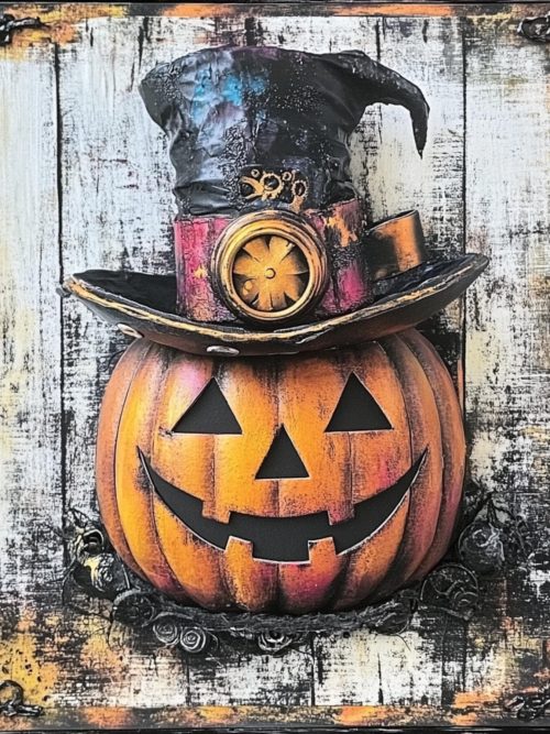 pumpkin art, jack o lantern, rustic decor, steampunk hat, spooky wall art, Halloween frame, vintage Halloween, wooden pumpkin, autumn sign