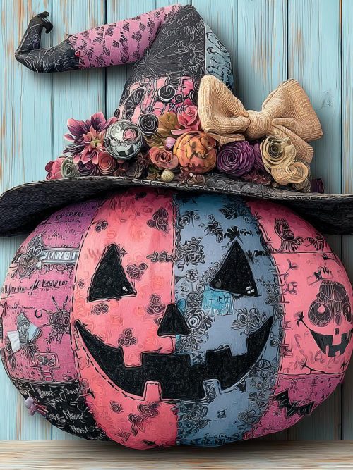patchwork pumpkin, witch hat, spooky decor, pastel halloween, skull pumpkin, creepy cute, gothic decor, spooky flowers, jack o lantern