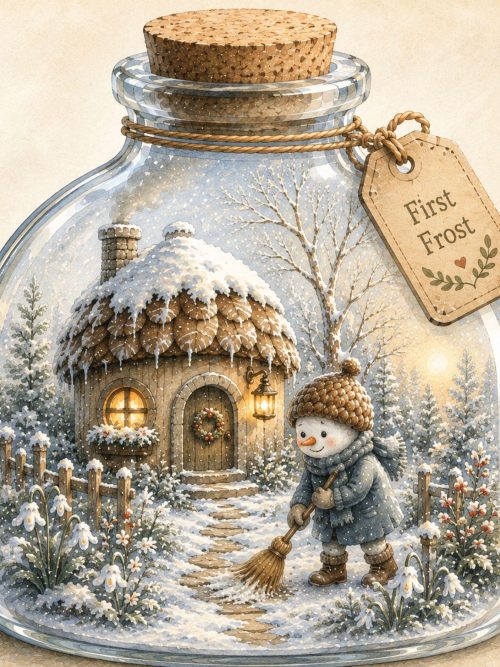 Frostwick Winter Memory Bottles | 10 Storybook Glass Bottle Illustrations | Whimsical Snow Globe Art | Cozy Winter Cottage Clipart |