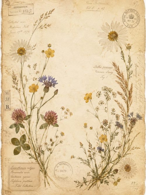 Pressed Flower Papers Vol. 1 | Vintage Herbarium Background Papers | Victorian Botanical Junk Journal Pages | Cottagecore Floral Ephemera |