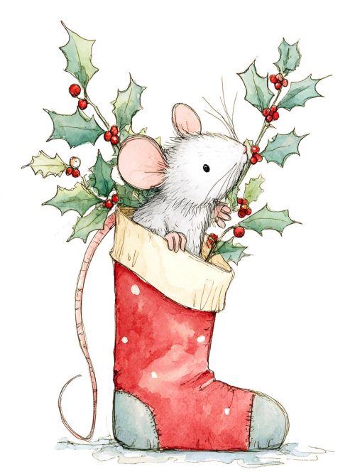 christmas mouse, holiday stocking, festive decor, xmas gifts, cute animal art, cozy christmas, red stocking, holly berries, winter art