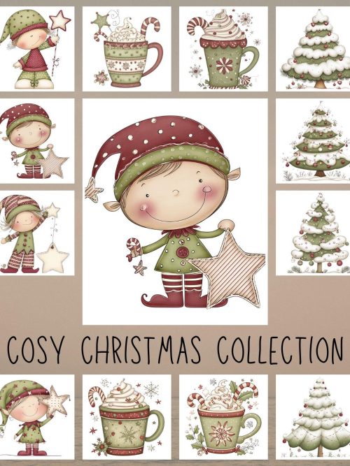 Cozy Christmas Watercolor Clipart Set – Holiday Wreath, Mug, Tree, Lantern & Elf