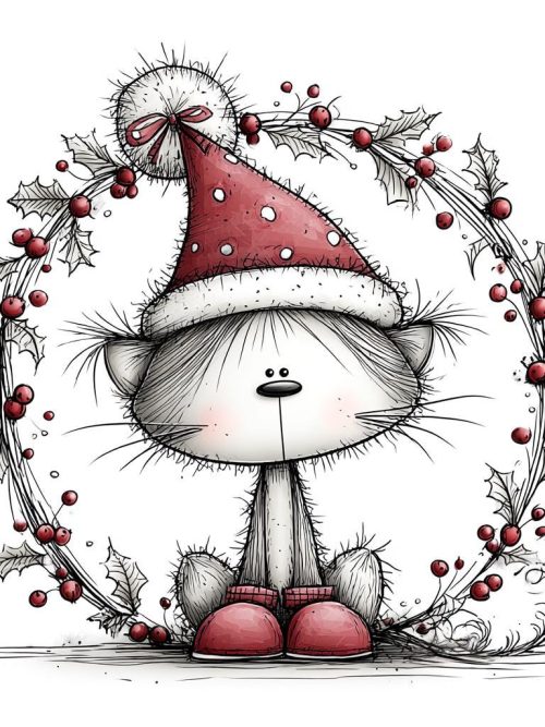 Cute Christmas Cat Illustration, Whimsical Santa Hat Kitty Art, Festive Holiday Cat Print, Cozy Winter Animal Wall Decor