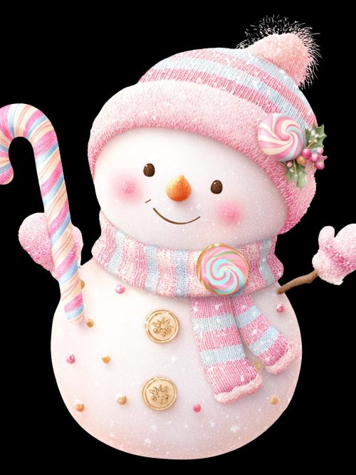 Pink Snowman, Candy Cane, Xmas Clipart, Cute Snowman, Winter Icon, Holiday Art, Frosty Friend, Pastel Xmas, Festive Snow