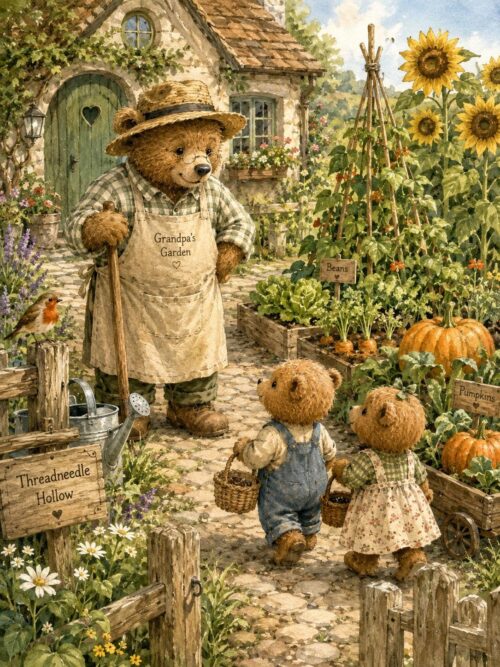Grandpa Bears Garden Watercolor Clipart Bundle, Cute Teddy Bear Garden PNGs, Storybook Cottage, Spring & Autumn Garden Art