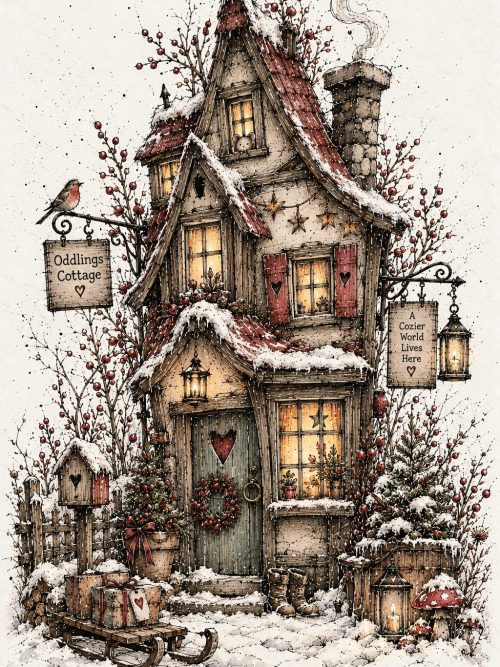 Winter Oddlings Village Clipart, Whimsical Christmas Village, Snowy Storybook Houses, Winter Shops, Vintage Holiday Illustrations