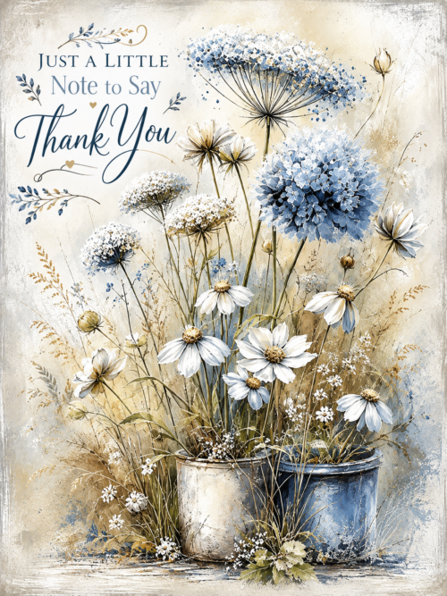 Blue Meadow Floral Greeting Cards Set of 4, Printable Birthday Thank You Thinking of You and Best Wishes Cards, Digital Download