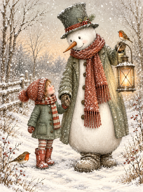 Snowman Little Friends  Whimsical Snowman and Child Winter Illustrations Vintage Christmas Storybook Art