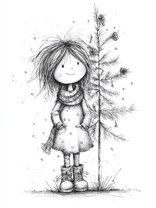 christmas tree, winter girl, cozy boots, holiday sketch, festive doodle, cute illustration, snow scene, christmas vibes, holiday art