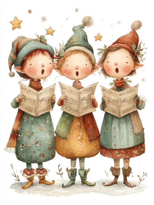 christmas elves, holiday choir, singing elves, festive carols, christmas music, elf art, holiday singing, christmas choir, winter carols