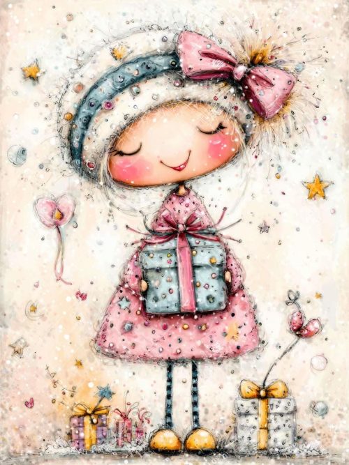Merrybow Blessings Clipart Set, Watercolor Christmas Girls, Gift Holding Art, Whimsical Holiday Illustration Bundle