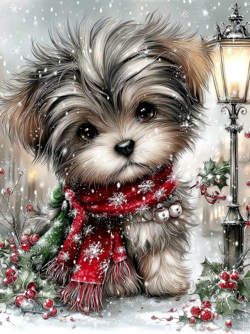 Christmas Puppy with Ornaments and Flowers, Cute Holiday Dog Art in Snow