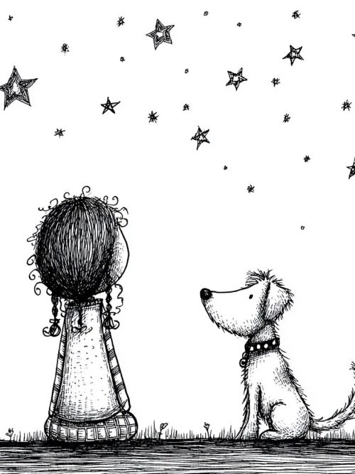 Starry Sky CLIPART, Girl And Puppy Night Scene, Whimsical Hand Drawn Illustration, Dreamy Childhood Moment Art